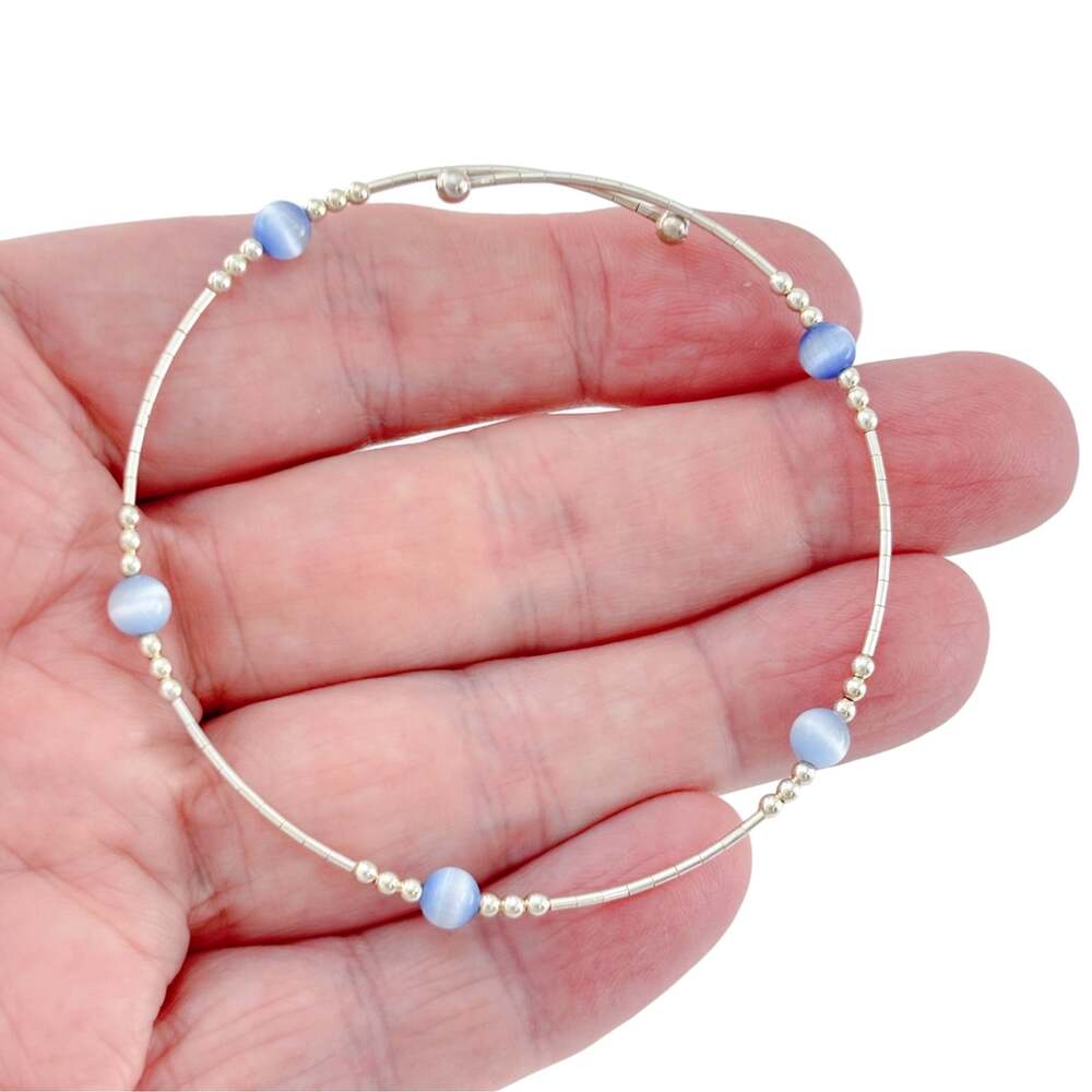 1990's Sterling Silver Cat’s Eye Glass Bead Flexible Wrap Bracelet 7.5 inches